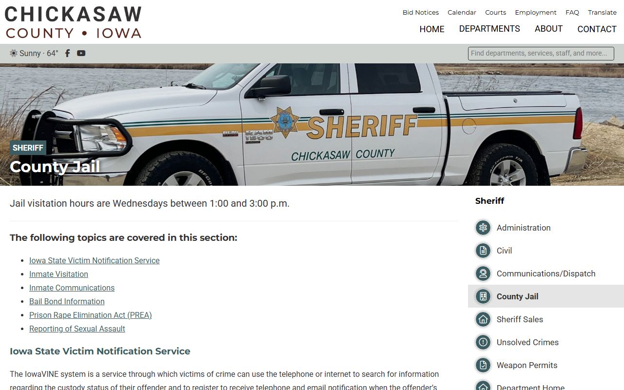 Chickasaw County Jail official page with inmate lookup and facility rule information